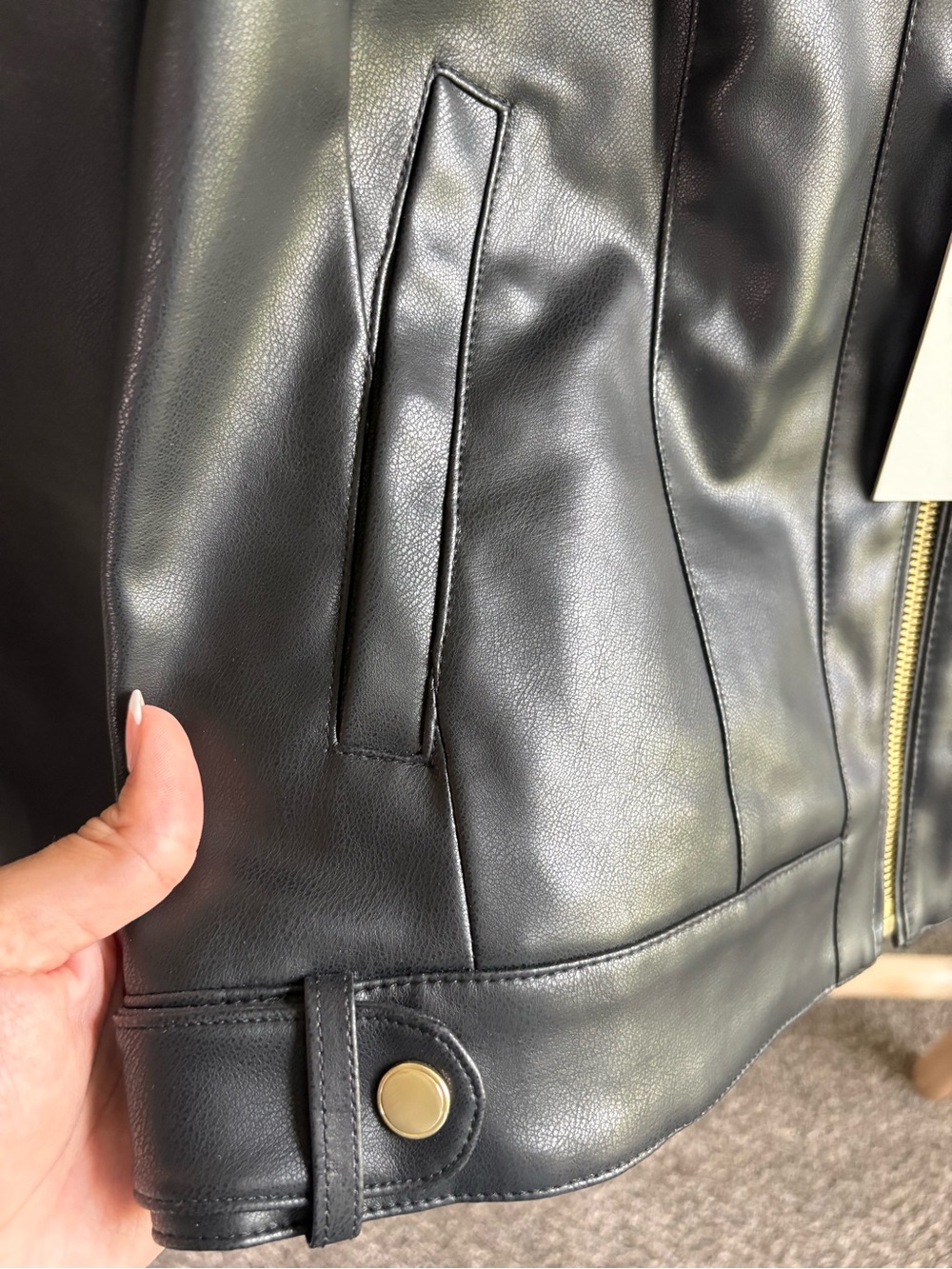 NWT Cole Haan Signature Black Faux Leather Moto Jacket Gold Hardware Large - Picture 10 of 12